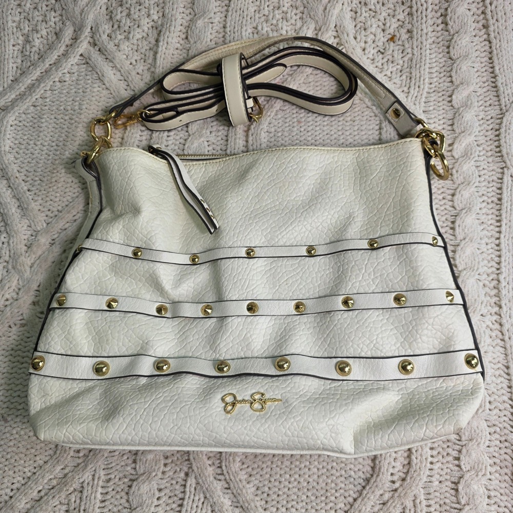 Jessica Simpson Hobo Bag White Gold Studded Faux Leather Shoulder Y2k Summer‎